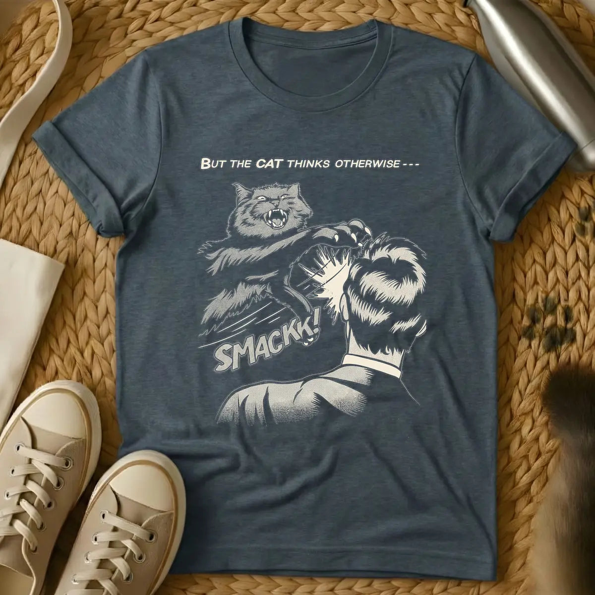 Dark Heather - Vintage comic book style illustration in beige tones with halftone shading. An angry cat with sharp claws is mid-air, slapping the back of a person's head. Below the action, the word 'SMACKK!' appears in a bold comic font. Above the scene, the text reads 'BUT THE CAT THINKS OTHERWISE ---'.