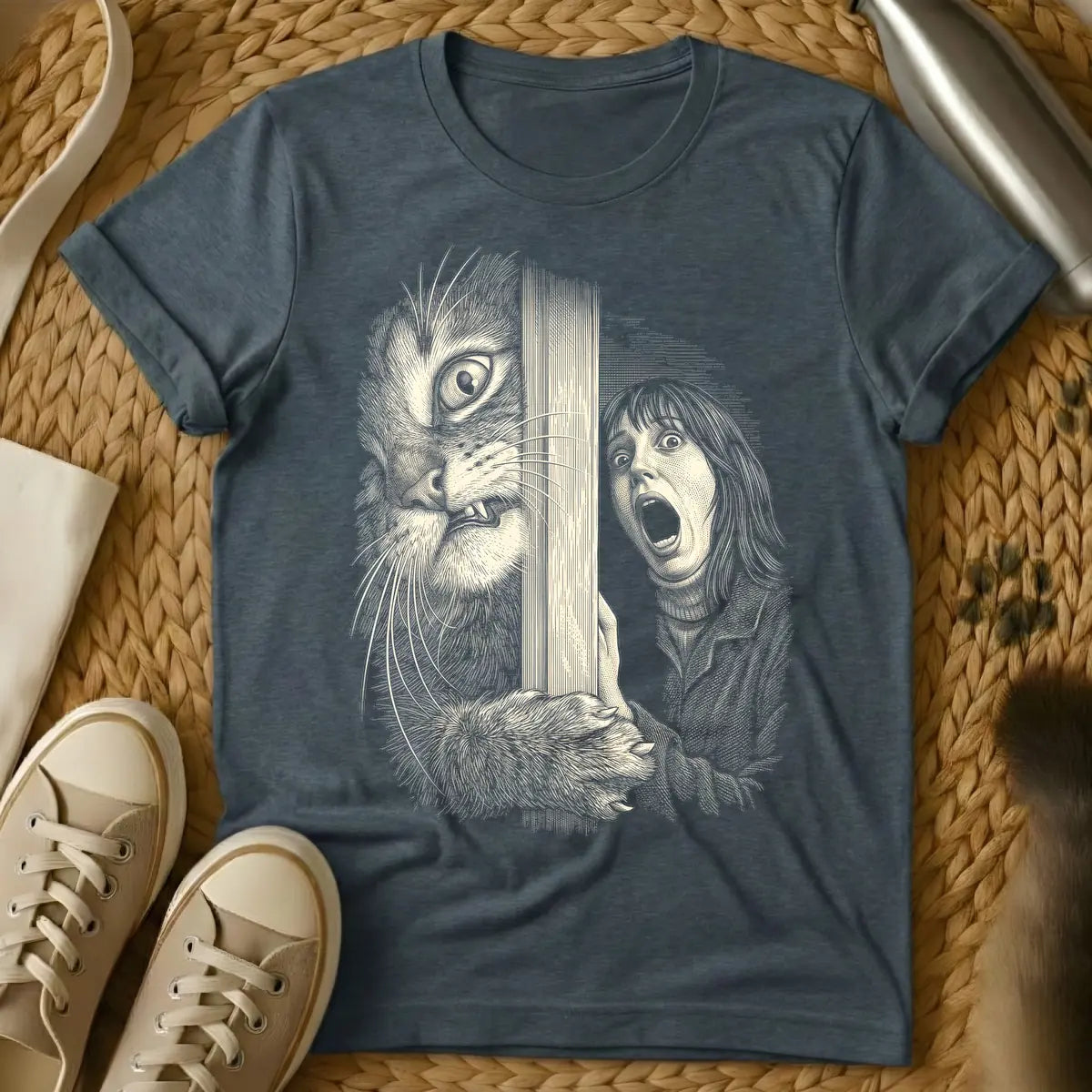 Dark Heather - Woodcut-style illustration of a giant, menacing cat with bared teeth peering through vertical slats at a screaming woman with wide eyes.
