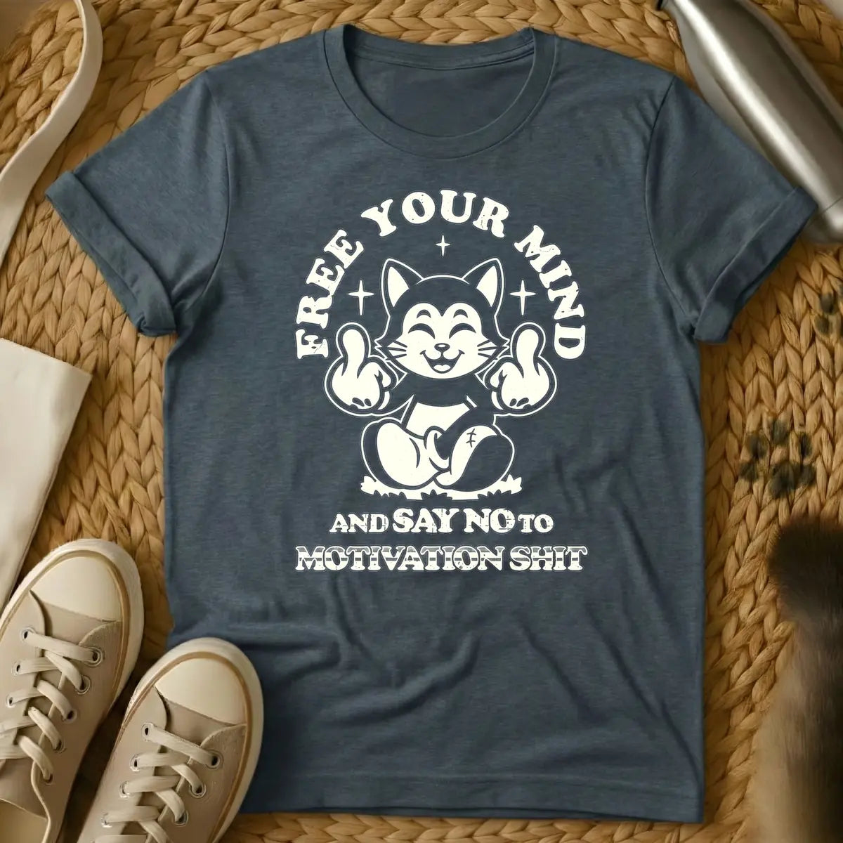 Dark Heather - Distressed beige graphic of a smiling, meditating cartoon cat-like creature flipping off the viewer with both middle fingers, surrounded by the arched text "FREE YOUR MIND" above and "AND SAY NO TO MOTIVATION SHIT" below.