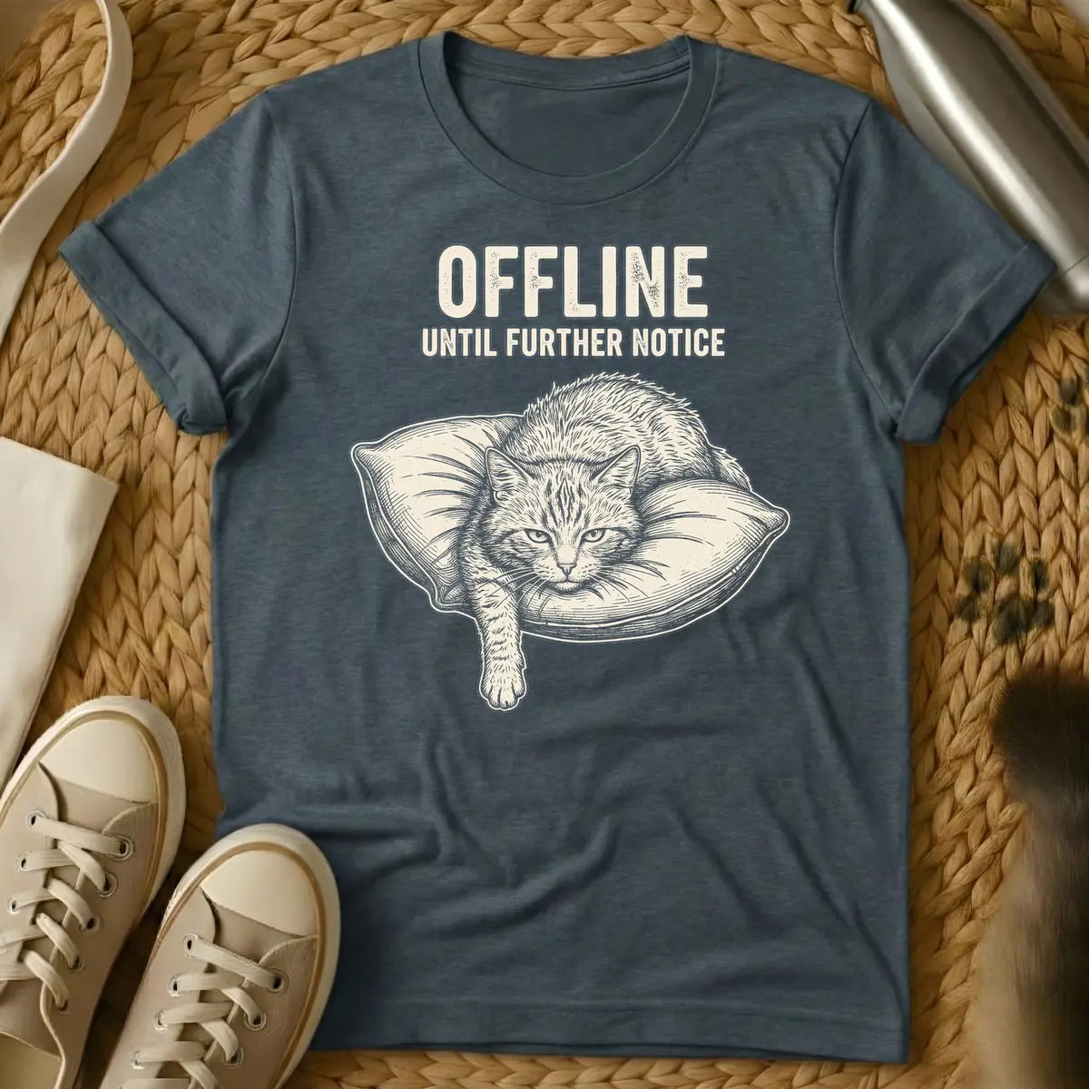 Dark Heather - A distressed text design that reads "OFFLINE UNTIL FURTHER NOTICE" above an illustration of a lounging cat on a pillow, rendered in an engraving style.