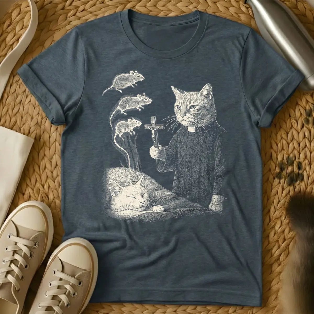 Dark Heather - Vintage engraving style illustration in light beige, featuring a cat dressed as a priest holding a crucifix, watching three ghostly mice ascend towards the sky, while a second cat sleeps below.