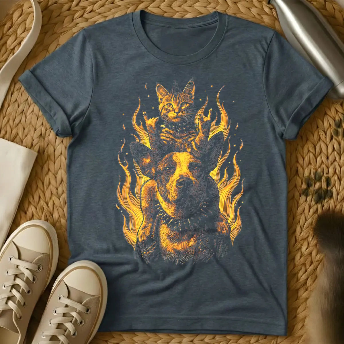 Dark Heather - Orange and white illustration of a cat making the devil horns hand gesture and wearing a studded collar, standing on a dog in a studded collar and leather jacket, surrounded by stylized flames.
