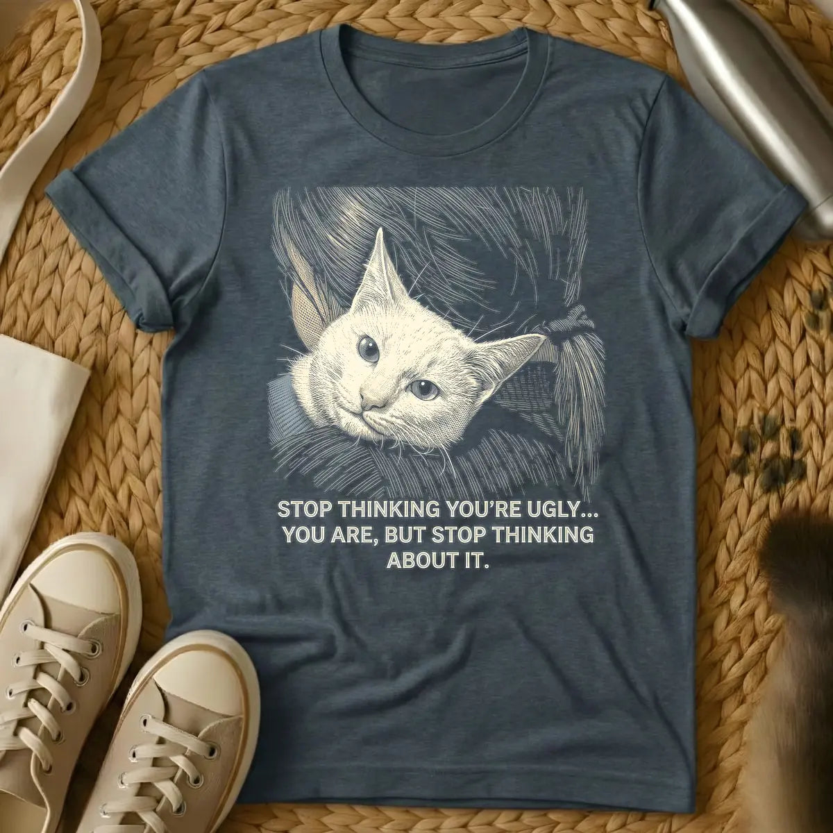 Dark Heather - A t-shirt design featuring an engraved-style illustration of a light beige cat's head with large, wide eyes and a gray collar, surrounded by swirling lines. Below the cat, the sarcastic quote reads: "STOP THINKING YOU'RE UGLY... YOU ARE, BUT STOP THINKING ABOUT IT."