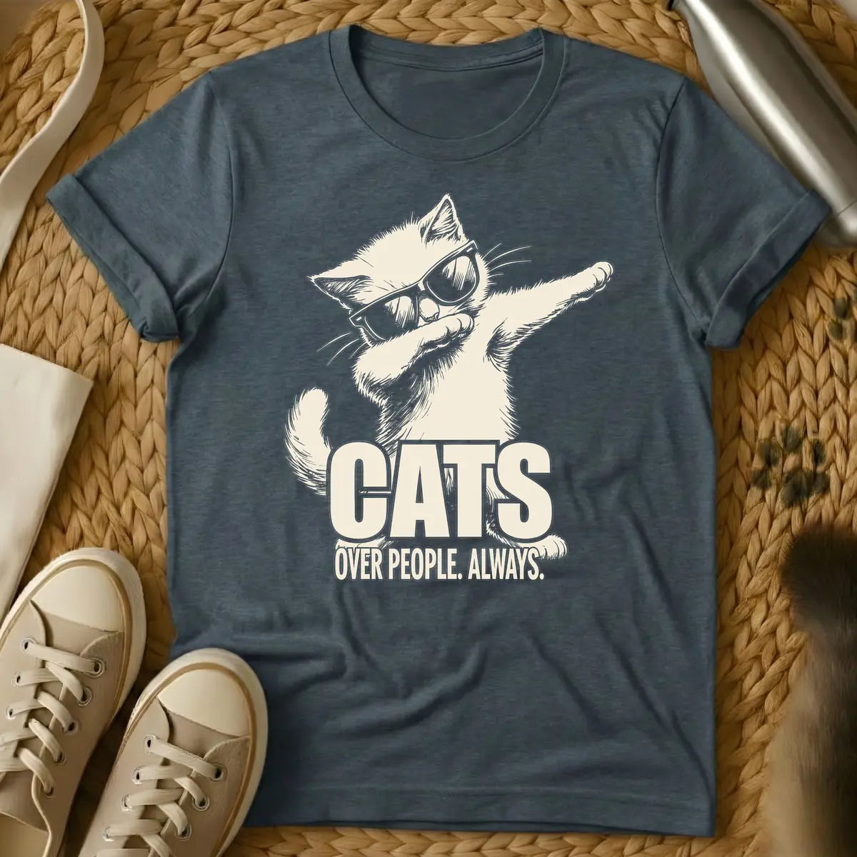 Dark Heather - Light beige sketchy drawing of a cat wearing sunglasses and dabbing, with the text "CATS OVER PEOPLE. ALWAYS." below it.