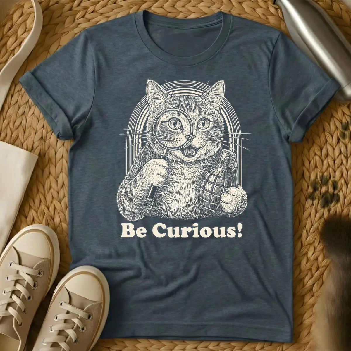 Dark Heather - Woodcut style illustration of a mischievous tan cat holding a magnifying glass to its left eye and a pineapple hand grenade in its right paw, with an arched striped background. Below the cat, the text reads "Be Curious!".