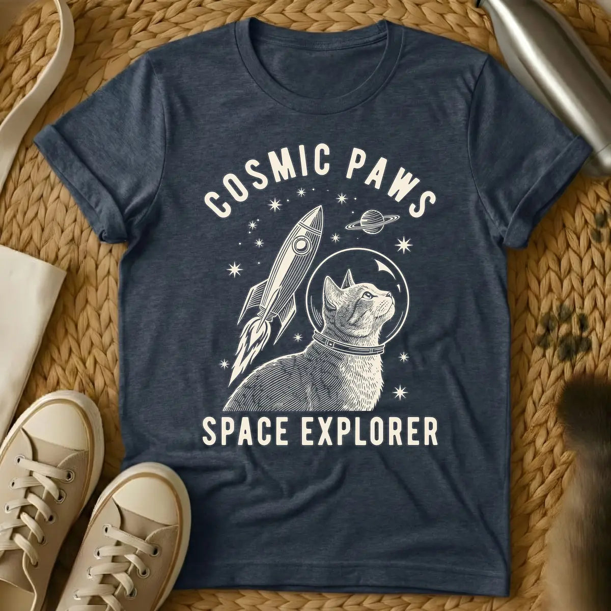 Heather Navy - Beige woodcut-style illustration of a cat wearing a space helmet looking up, with a rocket launching beside it, a ringed planet, and stars in the background. Arched text at the top reads "COSMIC PAWS" and text at the bottom reads "SPACE EXPLORER".