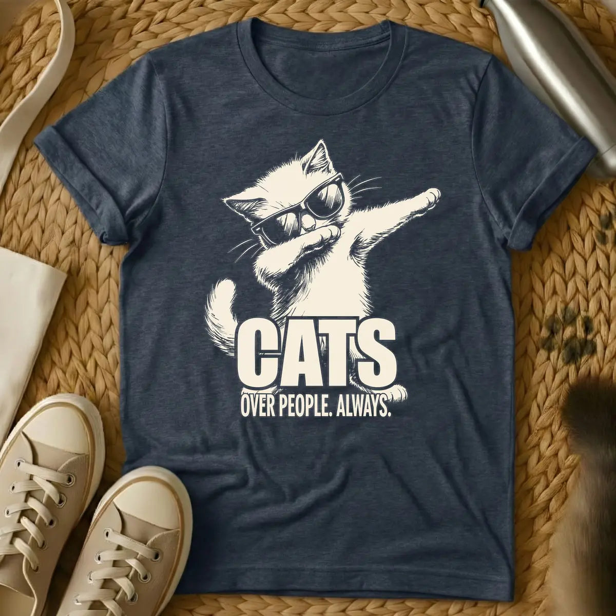 Heather Navy - Light beige sketchy drawing of a cat wearing sunglasses and dabbing, with the text "CATS OVER PEOPLE. ALWAYS." below it.