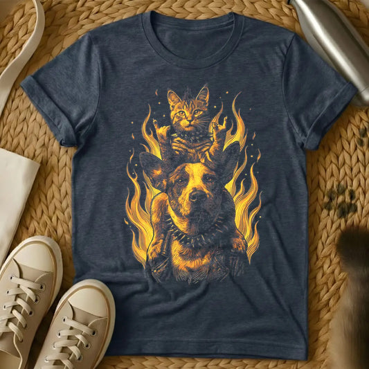 Heather Navy - Orange and white illustration of a cat making the devil horns hand gesture and wearing a studded collar, standing on a dog in a studded collar and leather jacket, surrounded by stylized flames.