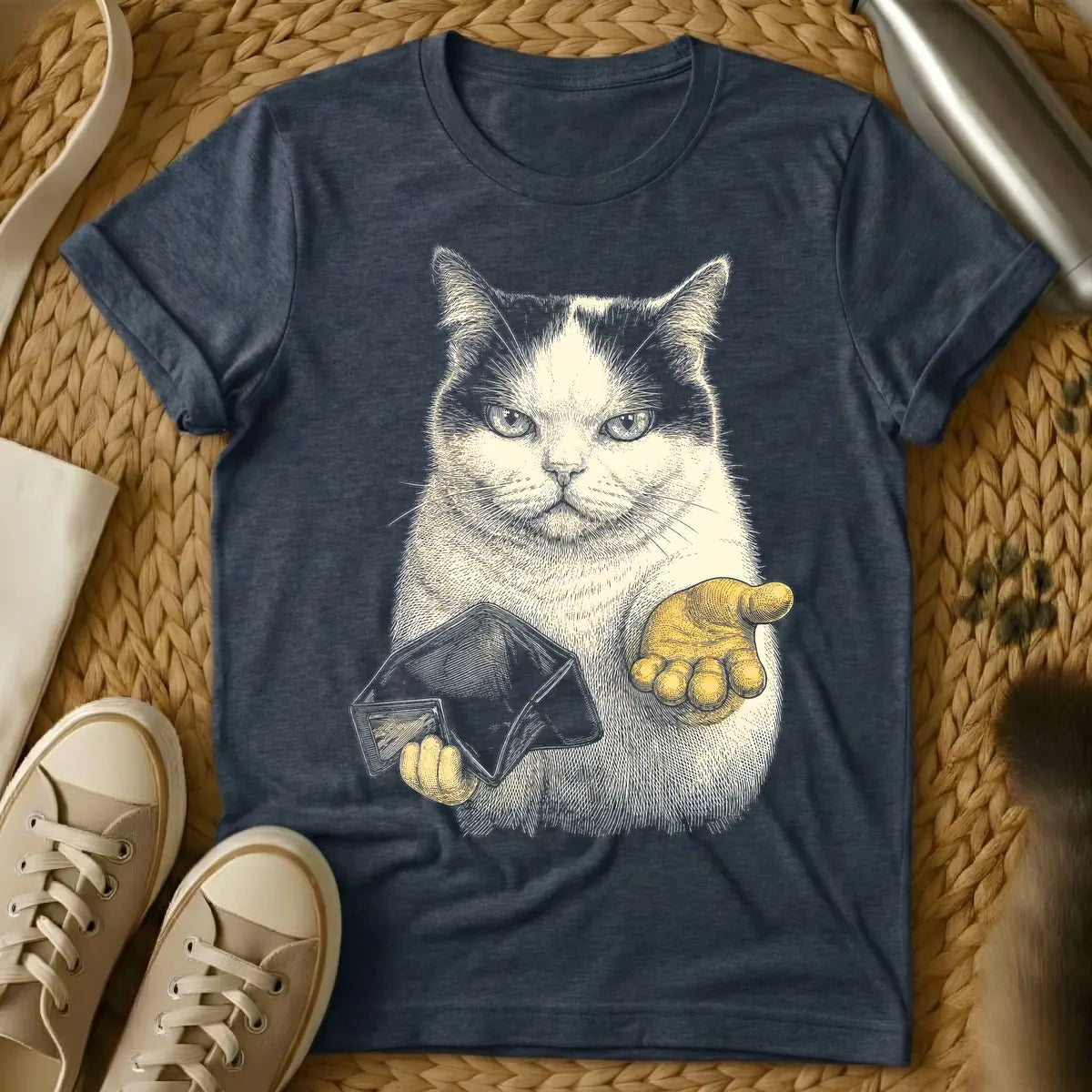 Heather Navy - Engraving style illustration of a serious tan cat holding an open envelope in one golden paw and extending the other golden paw palm up.