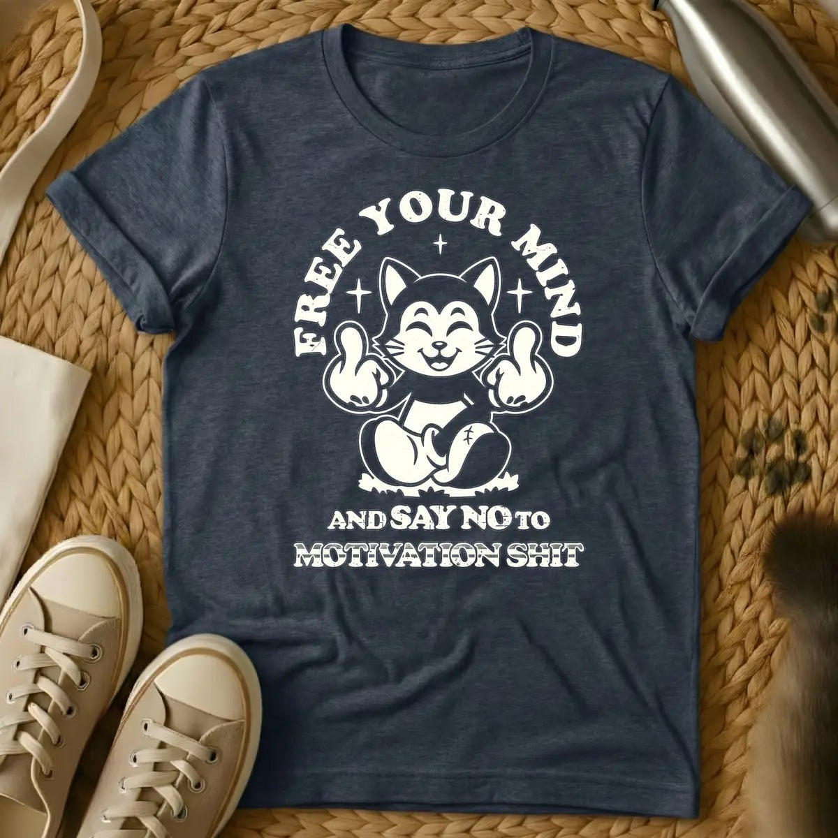 Heather Navy - Distressed beige graphic of a smiling, meditating cartoon cat-like creature flipping off the viewer with both middle fingers, surrounded by the arched text "FREE YOUR MIND" above and "AND SAY NO TO MOTIVATION SHIT" below.