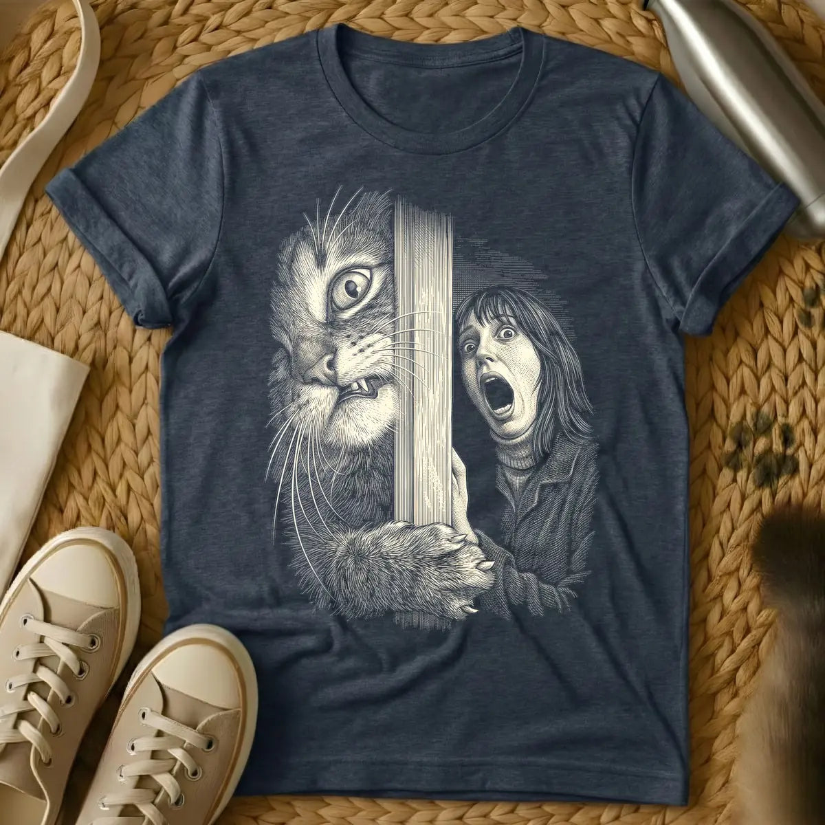 Heather Navy - Woodcut-style illustration of a giant, menacing cat with bared teeth peering through vertical slats at a screaming woman with wide eyes.