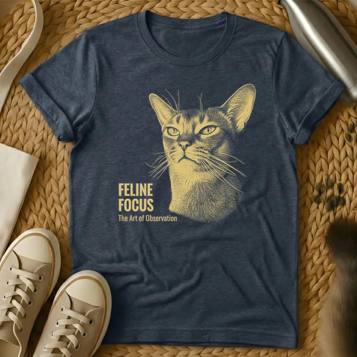 Heather Navy - Golden stipple art illustration of a cat's focused face with whiskers and the text 'FELINE FOCUS The Art of Observation' on a t-shirt.