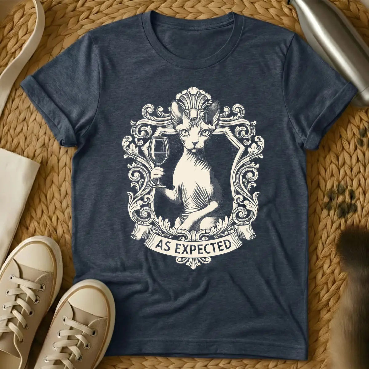 Heather Navy - Light beige illustration of a Sphynx cat holding a wine glass, set within an ornate vintage frame, with a banner below reading "AS EXPECTED".