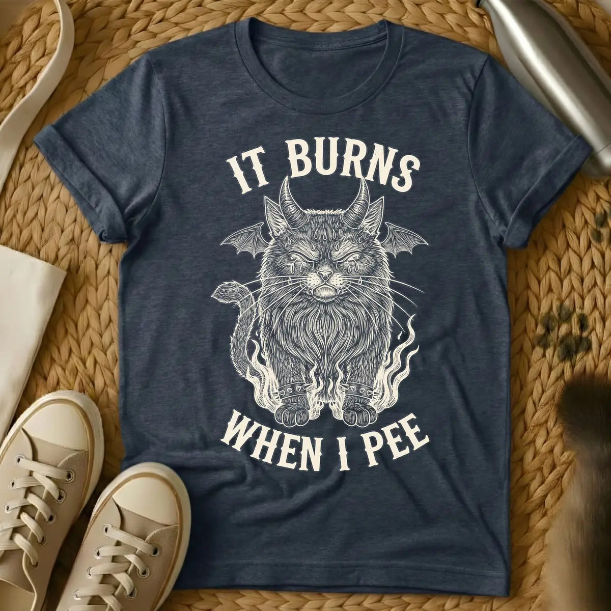 Heather Navy - A distressed illustration of a devil cat with horns, bat wings, tears, spiked bracelets, and flames, with the text "IT BURNS WHEN I PEE".