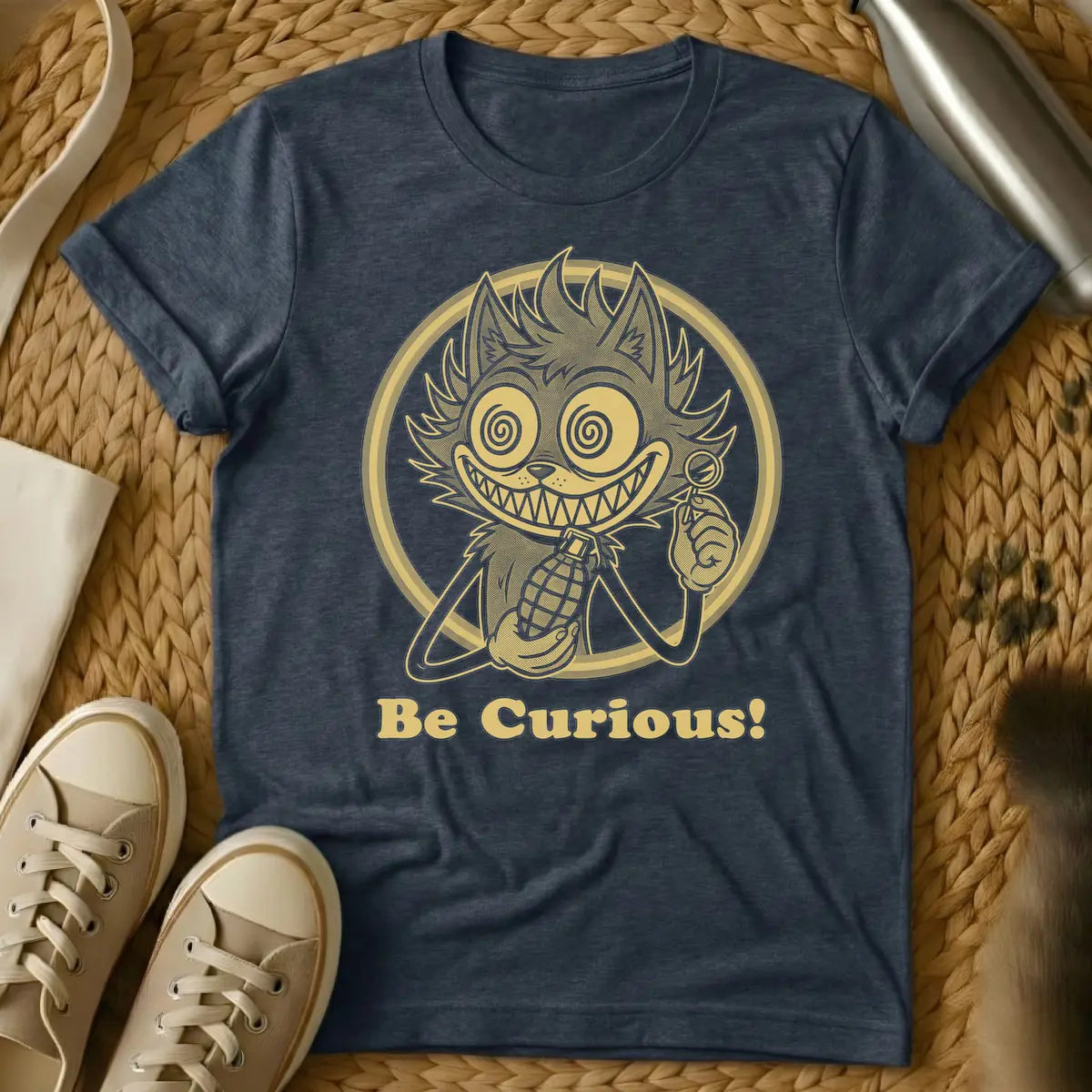 Heather Navy - Gold-toned graphic of a grinning, spiky-haired cat creature with spiral eyes, holding a lollipop and a pineapple grenade, contained within a circle. Below, the text reads 'Be Curious!'.