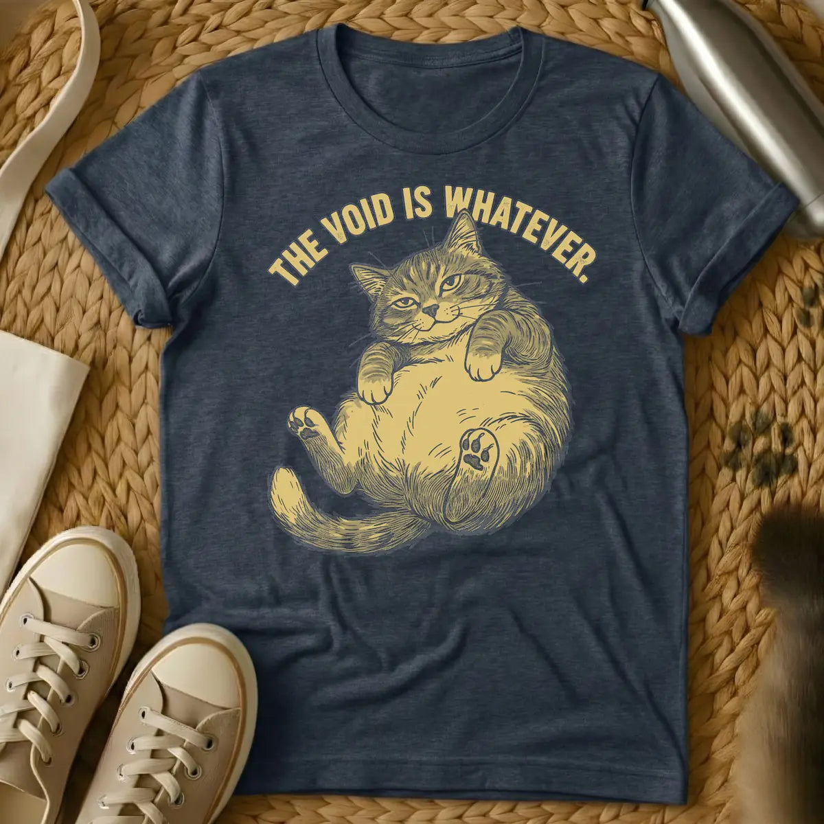Heather Navy - Distressed, gold-colored, linocut-style illustration of a cat lying on its back with its belly and one paw pad exposed, giving an indifferent look. Above, arched text reads 'THE VOID IS WHATEVER.'