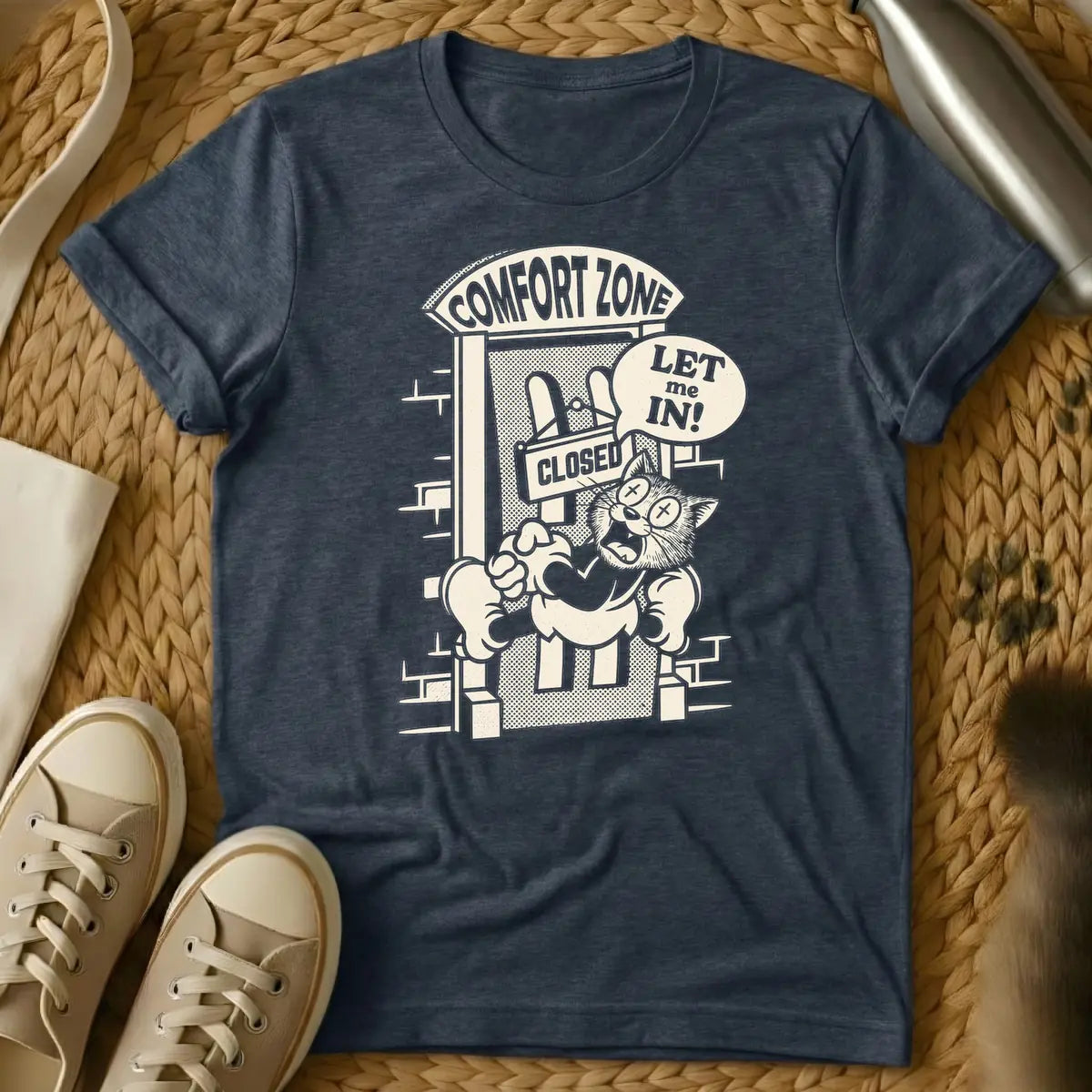 Heather Navy - Monochrome cartoon of an X-eyed, boxing-gloved creature yelling "LET me IN!" while pounding on a "CLOSED" door labeled "COMFORT ZONE."