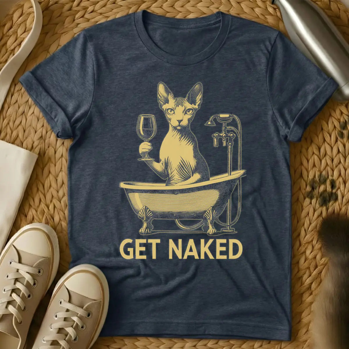 Heather Navy - Distressed gold t-shirt design featuring a Sphynx cat in a clawfoot tub holding a wine glass, with the text 'GET NAKED'.