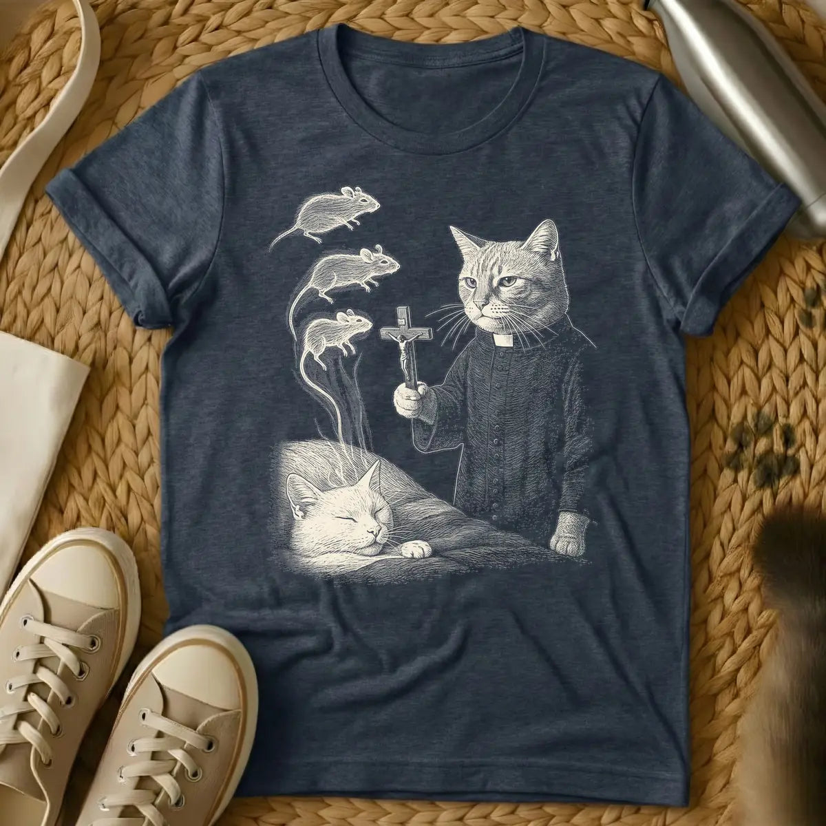 Heather Navy - Vintage engraving style illustration in light beige, featuring a cat dressed as a priest holding a crucifix, watching three ghostly mice ascend towards the sky, while a second cat sleeps below.