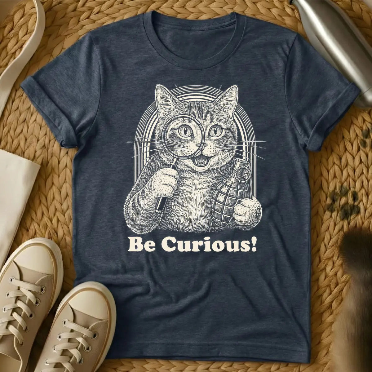 Heather Navy - Woodcut style illustration of a mischievous tan cat holding a magnifying glass to its left eye and a pineapple hand grenade in its right paw, with an arched striped background. Below the cat, the text reads "Be Curious!".