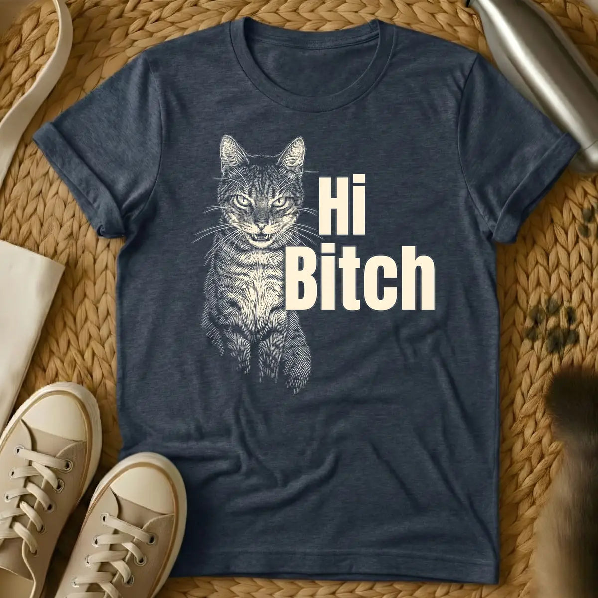 Heather Navy - T-shirt design: Engraved style tan cat with bared teeth on the left, next to bold tan text "Hi Bitch".