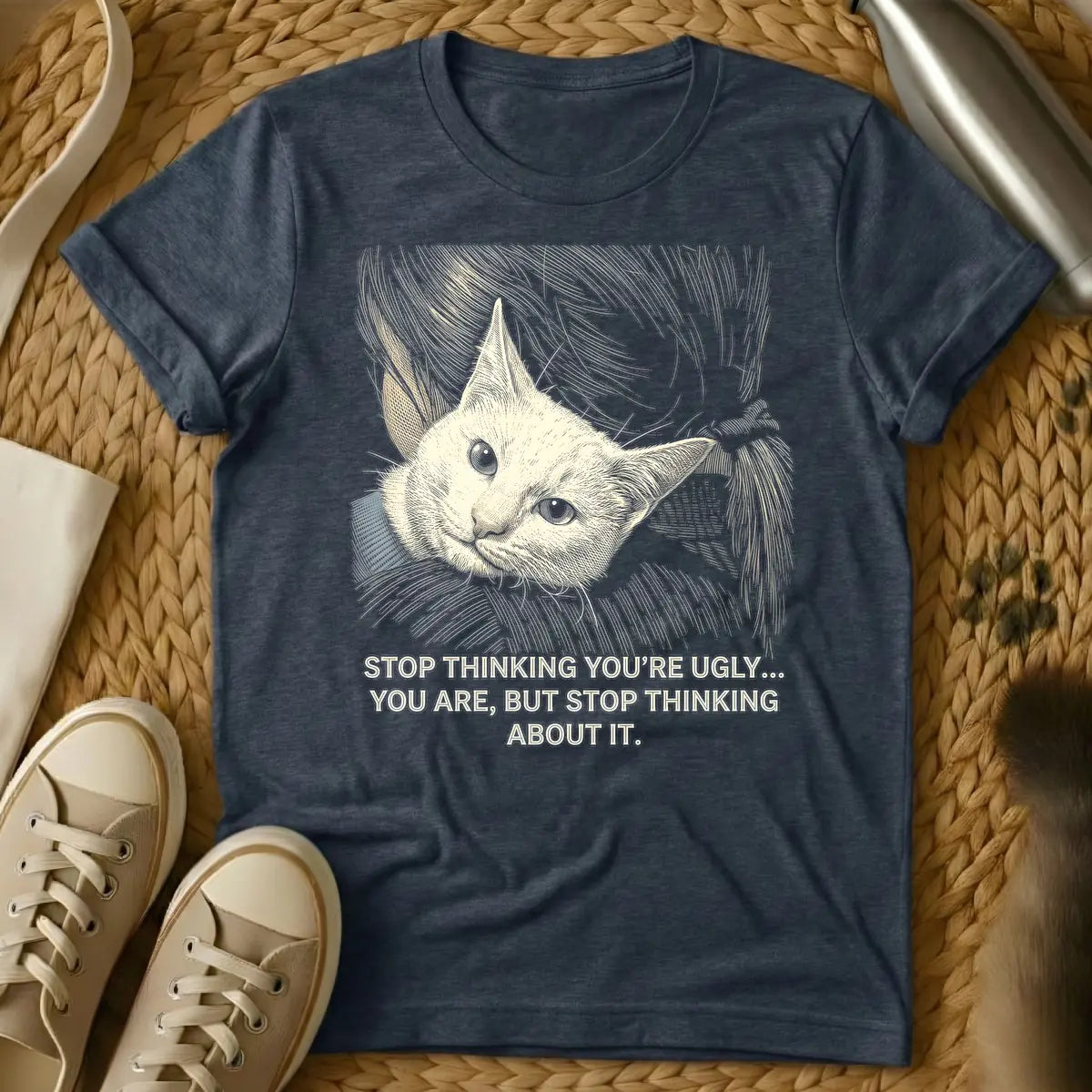 Heather Navy - A t-shirt design featuring an engraved-style illustration of a light beige cat's head with large, wide eyes and a gray collar, surrounded by swirling lines. Below the cat, the sarcastic quote reads: "STOP THINKING YOU'RE UGLY... YOU ARE, BUT STOP THINKING ABOUT IT."