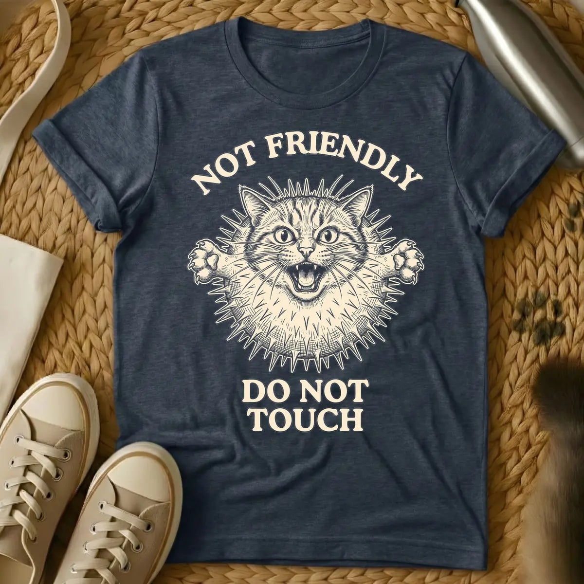 Heather Navy - Black and white illustration of an angry cat with a spiky pufferfish body, baring fangs and extending claws. Above the cat, text reads 'NOT FRIENDLY', and below, 'DO NOT TOUCH'.