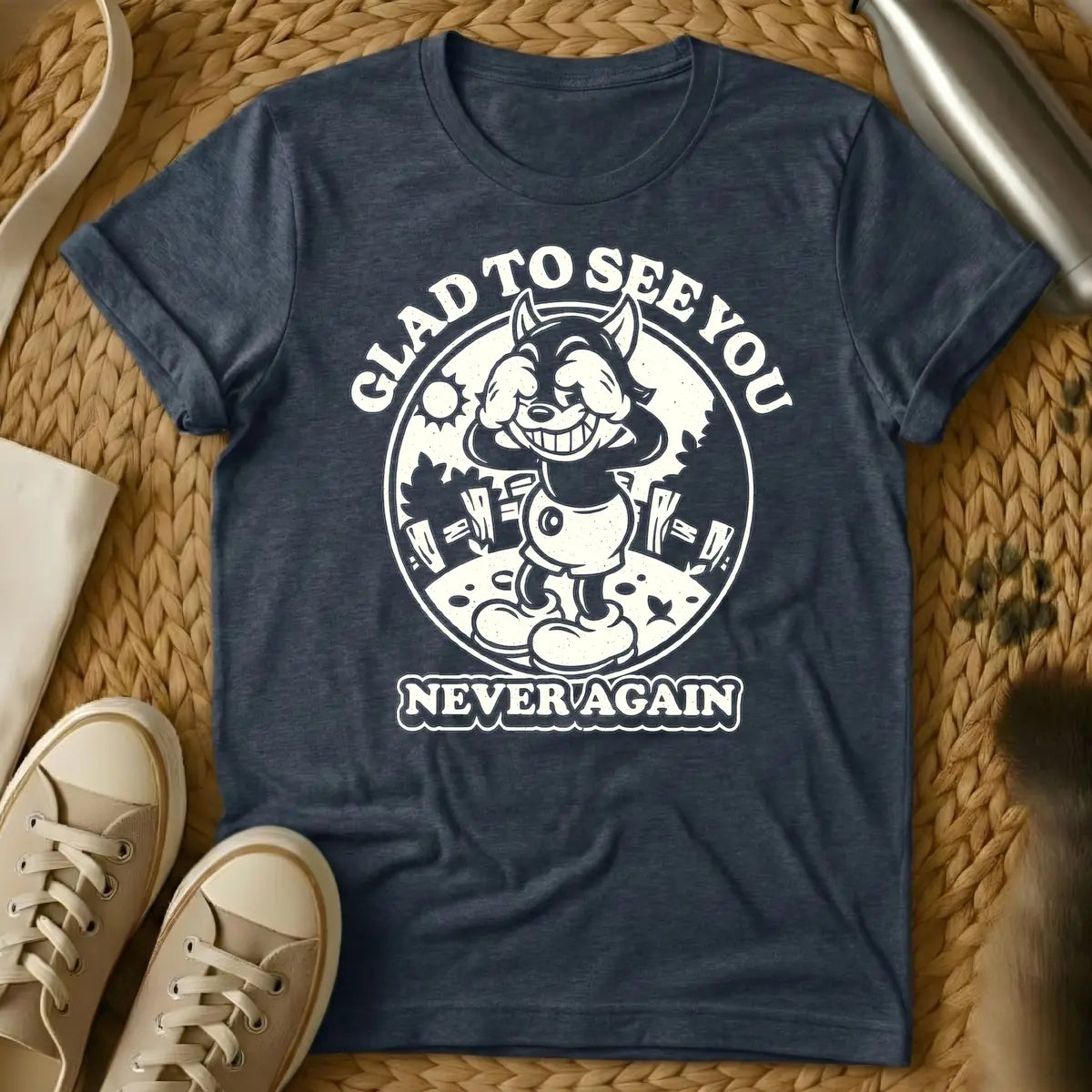 Heather Navy - Vintage style cartoon wolf character covering its eyes with its hands and grinning widely, in a circular frame with a sun and fence in the background. Arched text above the circle reads "GLAD TO SEE YOU", and text below the circle reads "NEVER AGAIN".