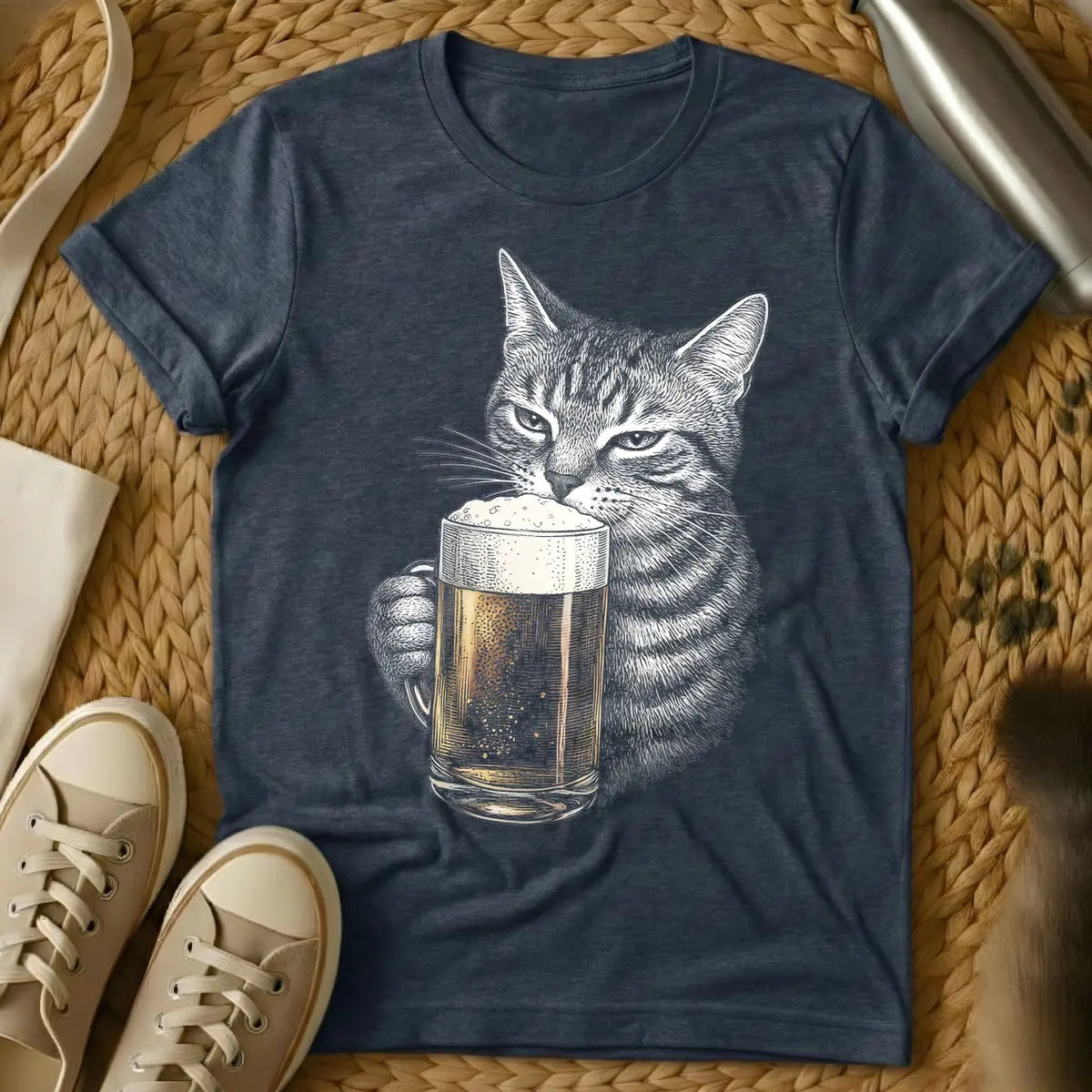 Heather Navy - Grayscale line art of a cat holding a frothy glass mug of golden beer.