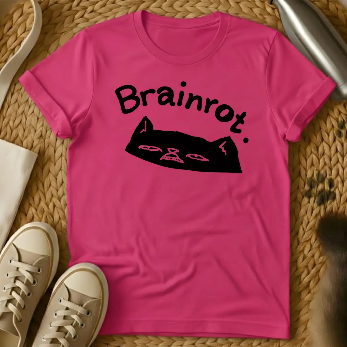 Heliconia - Text "Brainrot." in a quirky, handwritten font above a black cat's head with a grumpy expression, narrow eyes, and small fangs visible.