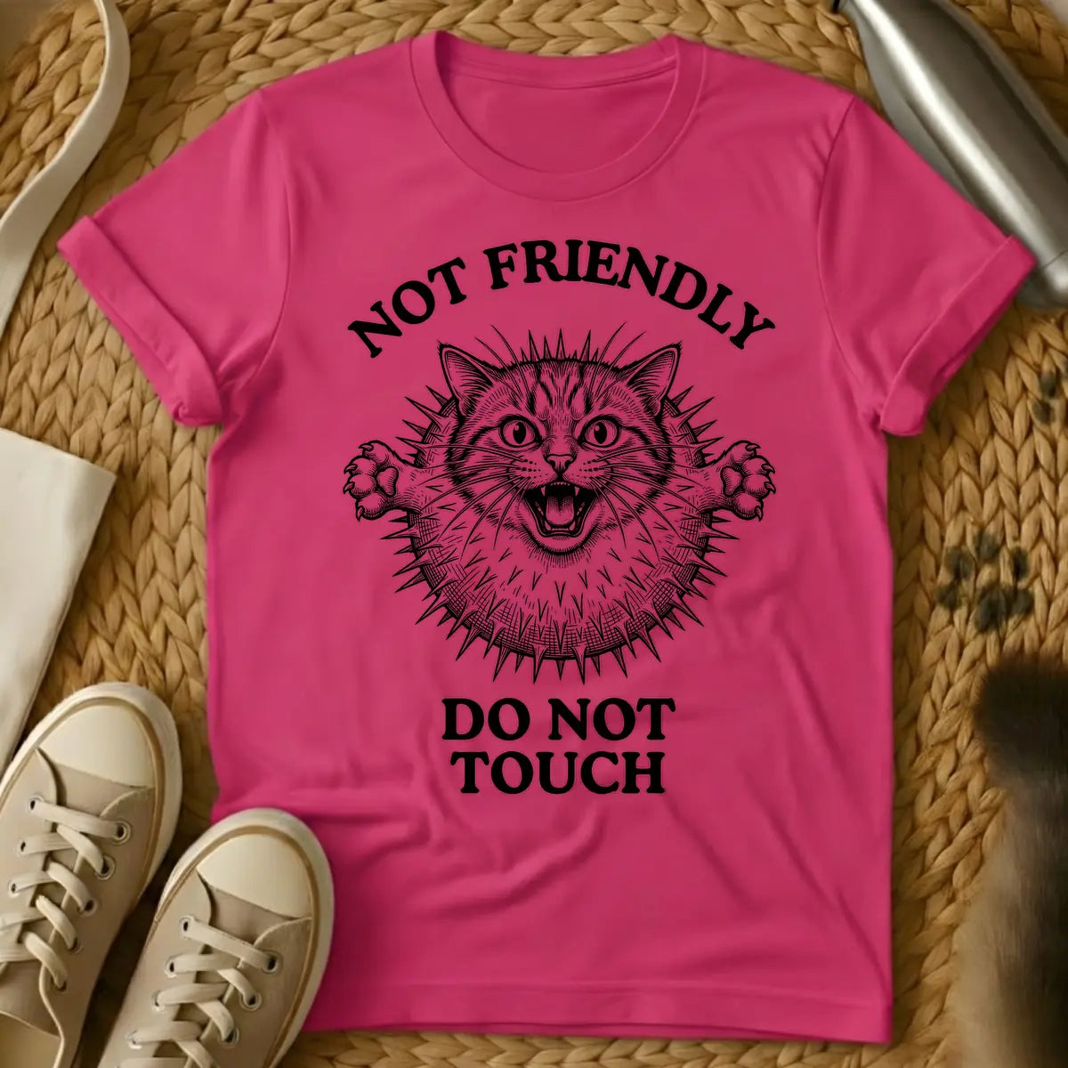 Heliconia - Black and white illustration of an angry cat with a spiky pufferfish body, baring fangs and extending claws. Above the cat, text reads 'NOT FRIENDLY', and below, 'DO NOT TOUCH'.