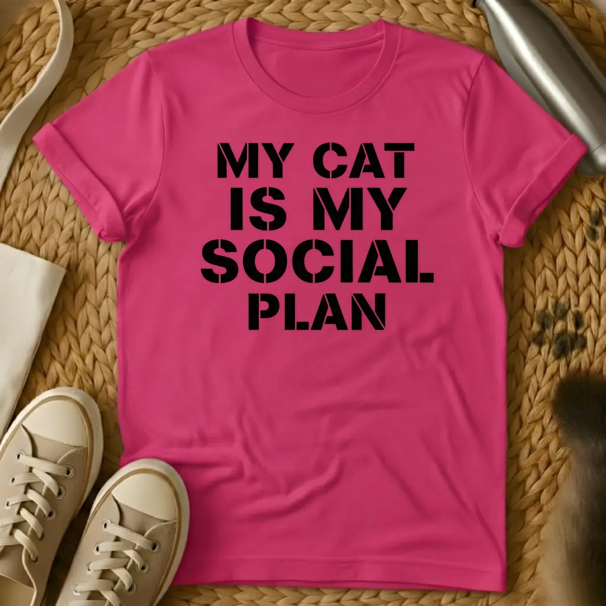 Heliconia - T-shirt design featuring the text "MY CAT IS MY SOCIAL PLAN" in an off-white stencil font.
