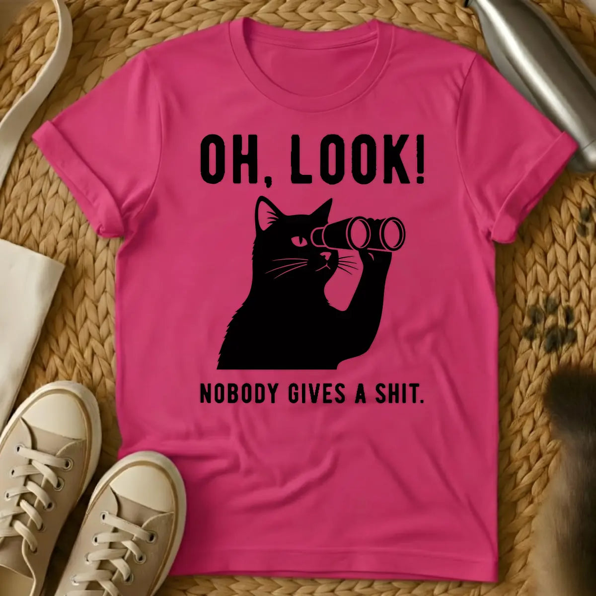 Heliconia - Black cat holding binoculars with the text "OH, LOOK! NOBODY GIVES A SHIT."
