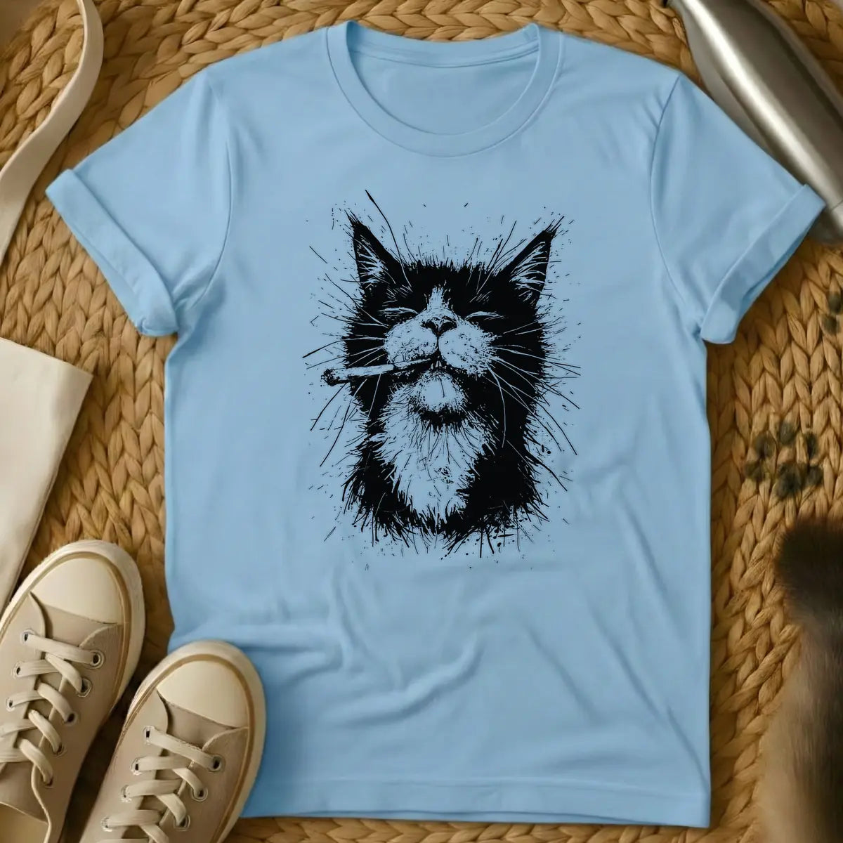 Light Blue - Black and white grunge illustration of a cool cat with closed eyes, smoking a cigarette or joint.