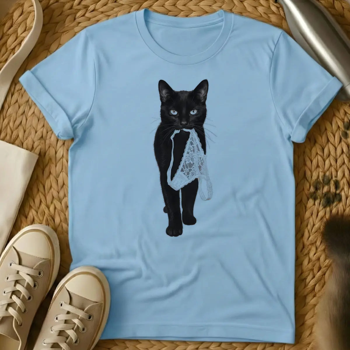 Light Blue - Black cat holding white lace panties in its mouth.