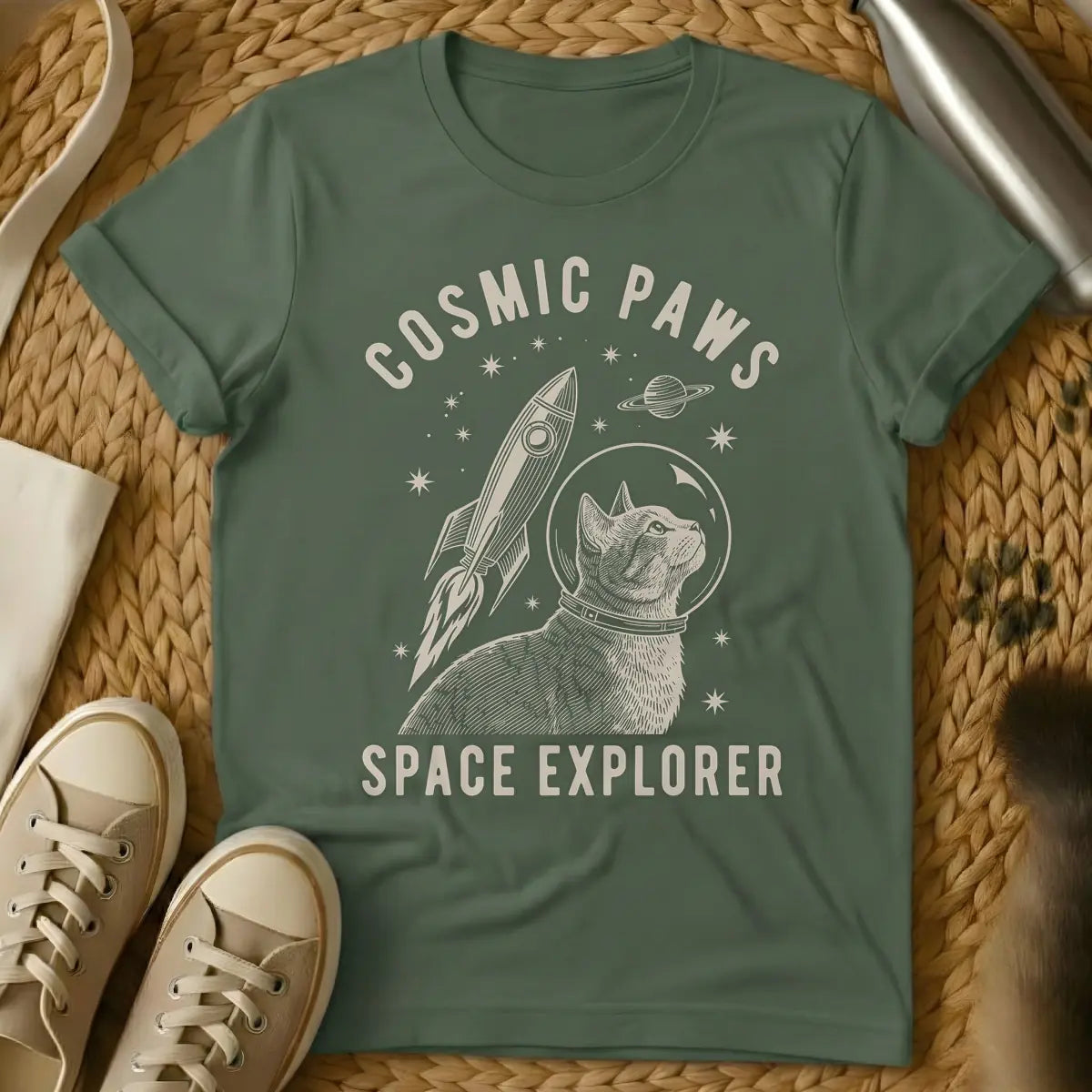 Military Green - Beige woodcut-style illustration of a cat wearing a space helmet looking up, with a rocket launching beside it, a ringed planet, and stars in the background. Arched text at the top reads "COSMIC PAWS" and text at the bottom reads "SPACE EXPLORER".
