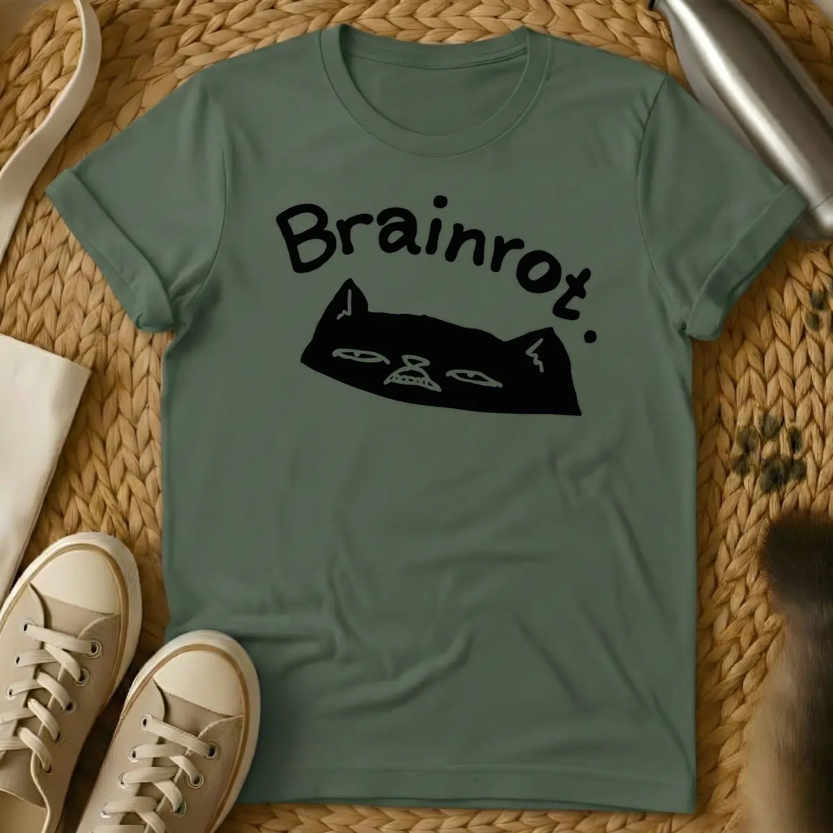 Military Green - Text "Brainrot." in a quirky, handwritten font above a black cat's head with a grumpy expression, narrow eyes, and small fangs visible.