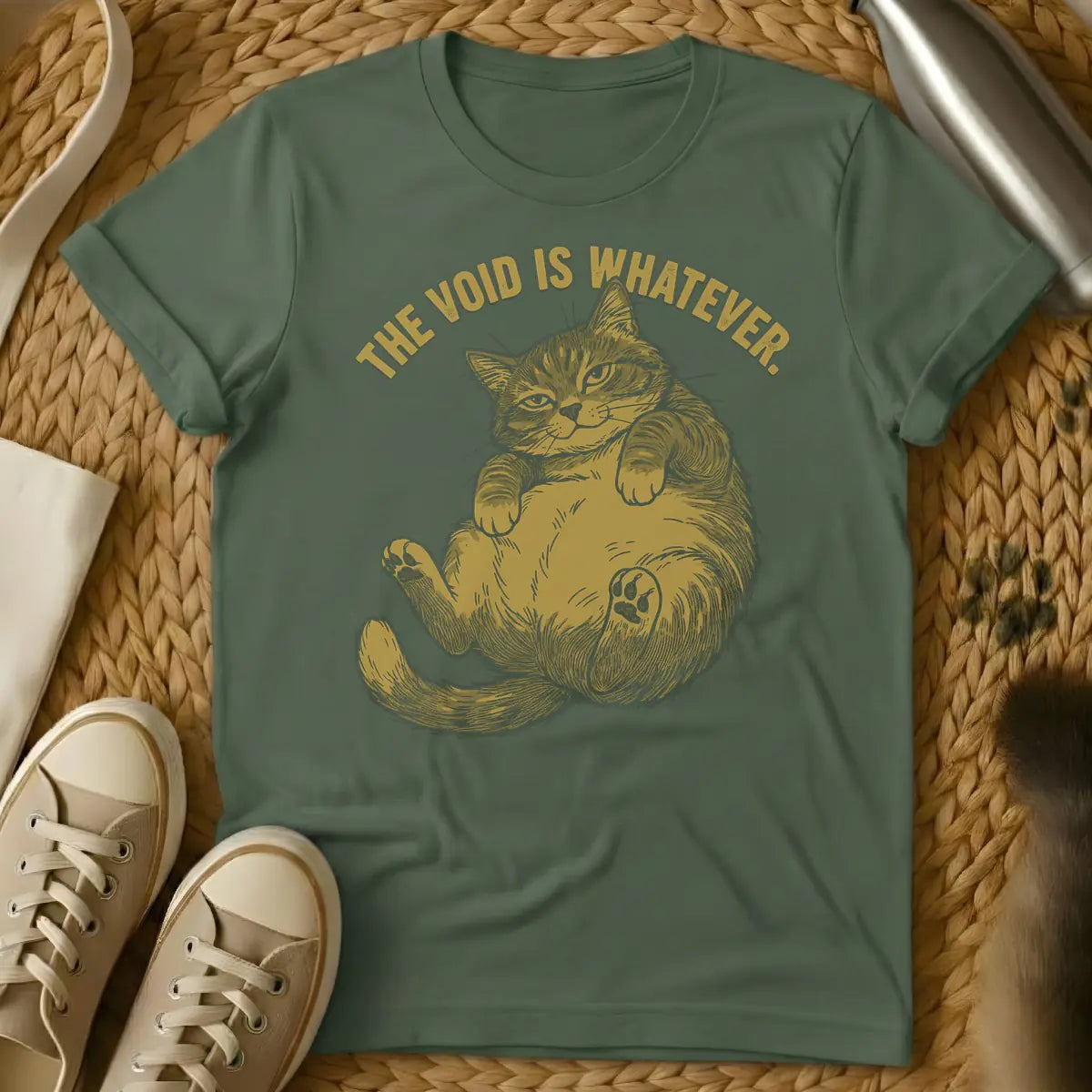 Military Green - Distressed, gold-colored, linocut-style illustration of a cat lying on its back with its belly and one paw pad exposed, giving an indifferent look. Above, arched text reads 'THE VOID IS WHATEVER.'