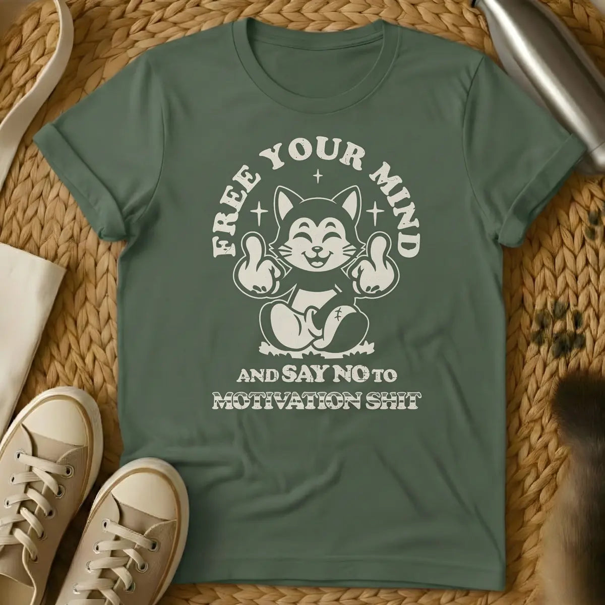 Military Green - Distressed beige graphic of a smiling, meditating cartoon cat-like creature flipping off the viewer with both middle fingers, surrounded by the arched text "FREE YOUR MIND" above and "AND SAY NO TO MOTIVATION SHIT" below.