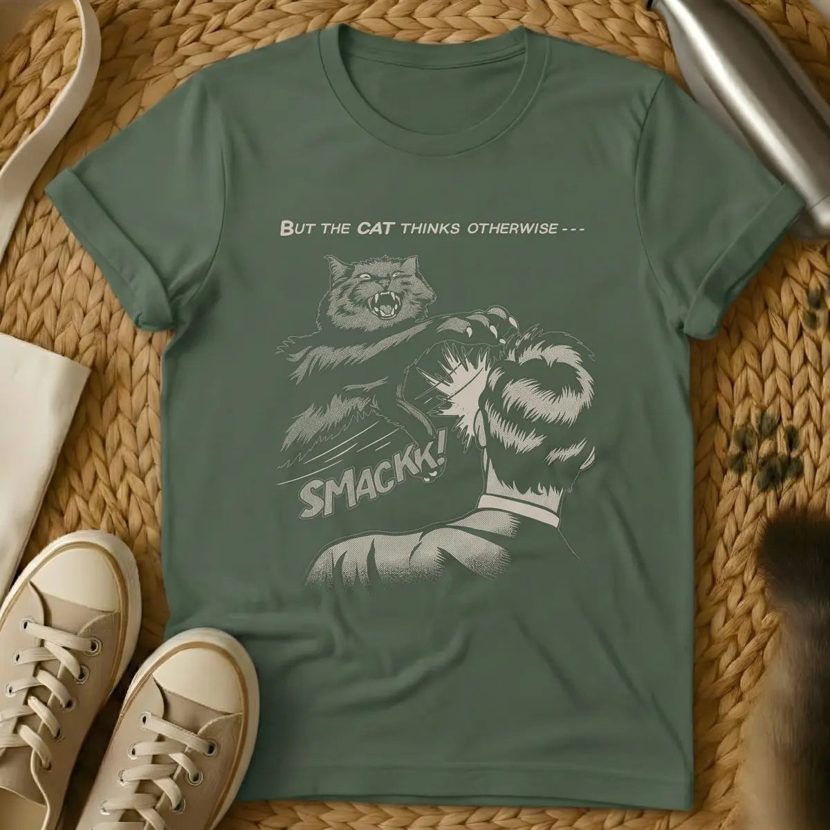 Military Green - Vintage comic book style illustration in beige tones with halftone shading. An angry cat with sharp claws is mid-air, slapping the back of a person's head. Below the action, the word 'SMACKK!' appears in a bold comic font. Above the scene, the text reads 'BUT THE CAT THINKS OTHERWISE ---'.