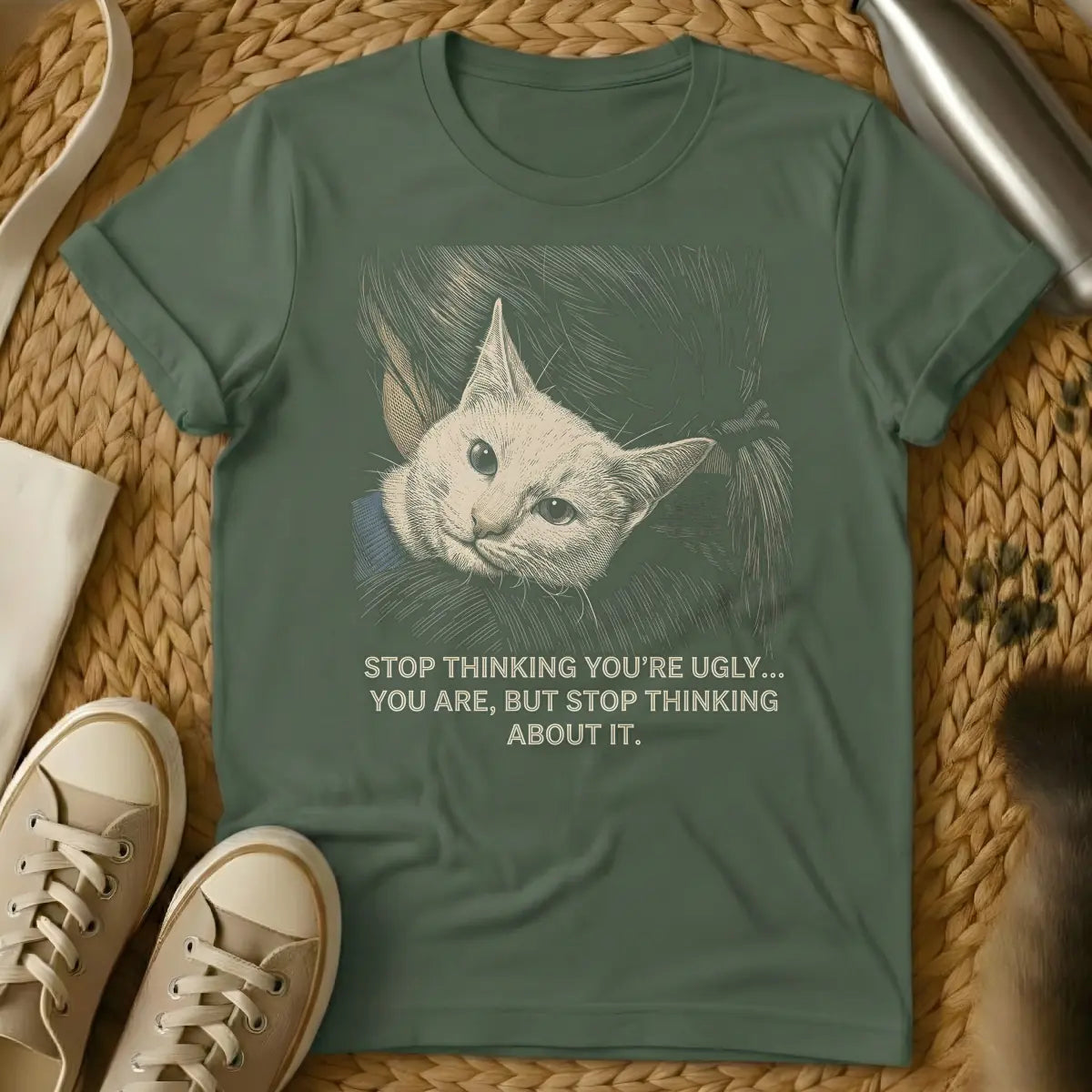 Military Green - A t-shirt design featuring an engraved-style illustration of a light beige cat's head with large, wide eyes and a gray collar, surrounded by swirling lines. Below the cat, the sarcastic quote reads: "STOP THINKING YOU'RE UGLY... YOU ARE, BUT STOP THINKING ABOUT IT."