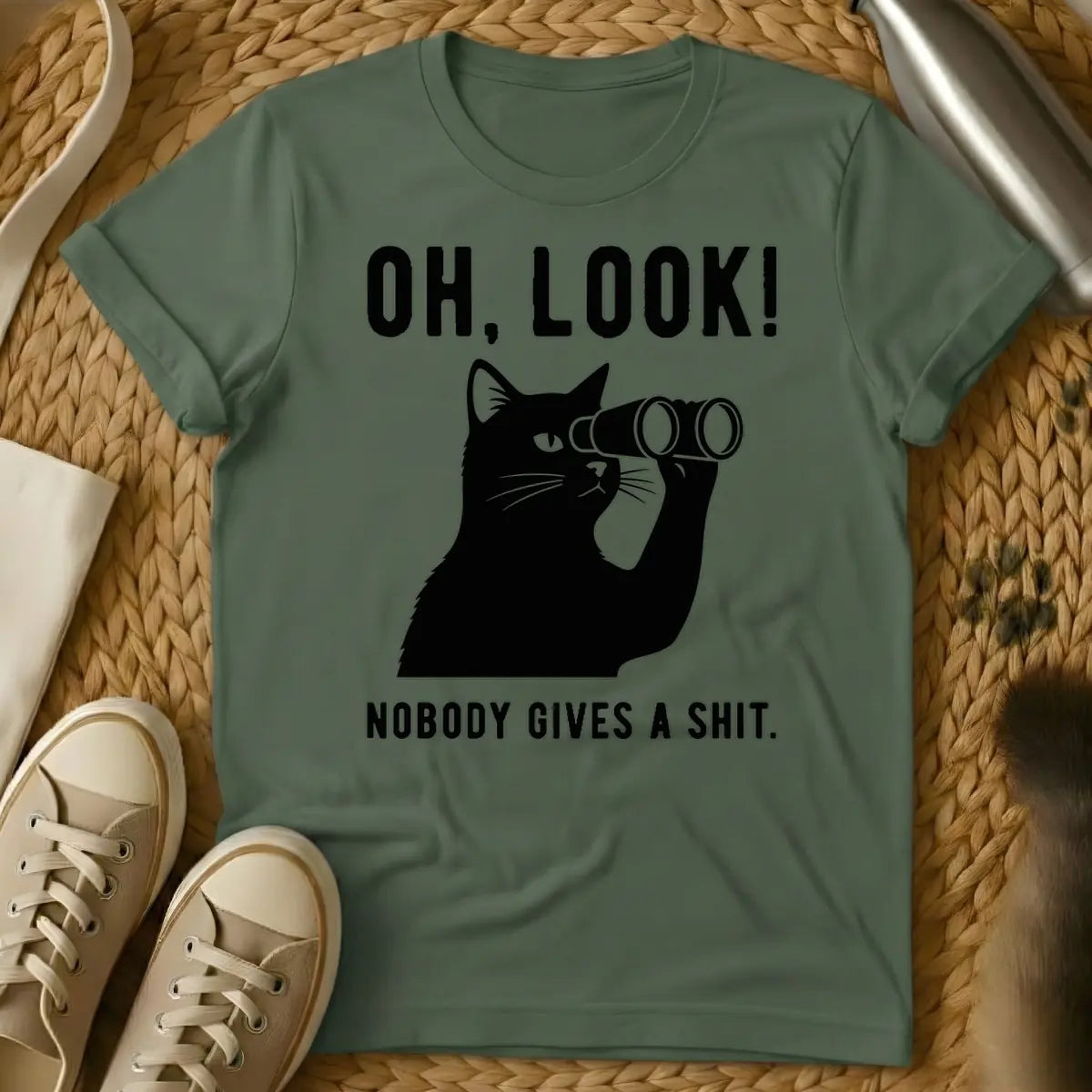 Military Green - Black cat holding binoculars with the text "OH, LOOK! NOBODY GIVES A SHIT."