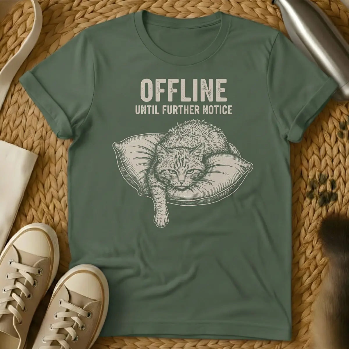 Military Green - A distressed text design that reads "OFFLINE UNTIL FURTHER NOTICE" above an illustration of a lounging cat on a pillow, rendered in an engraving style.