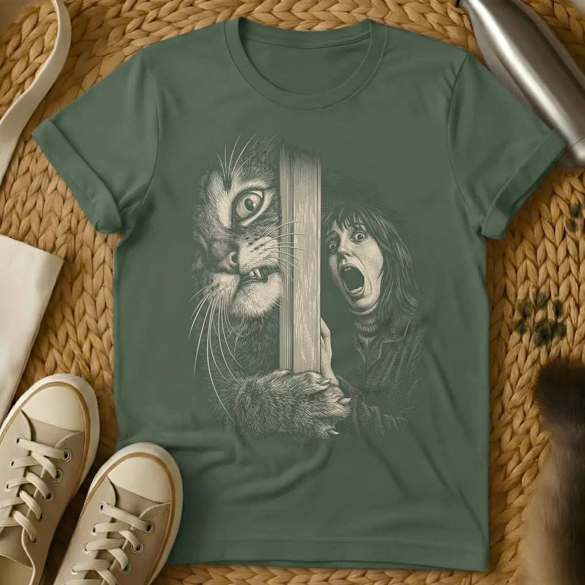 Military Green - Woodcut-style illustration of a giant, menacing cat with bared teeth peering through vertical slats at a screaming woman with wide eyes.