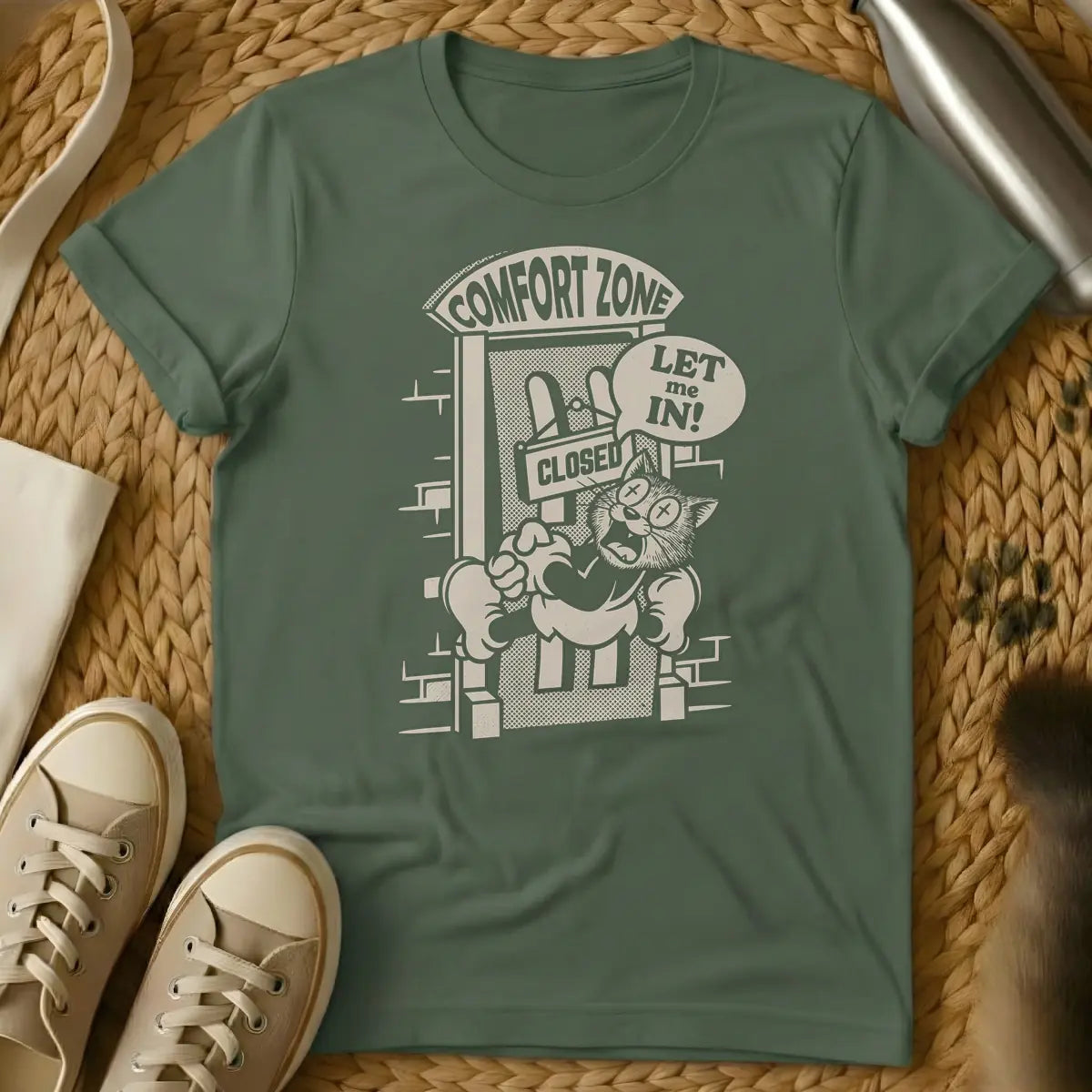 Military Green - Monochrome cartoon of an X-eyed, boxing-gloved creature yelling "LET me IN!" while pounding on a "CLOSED" door labeled "COMFORT ZONE."