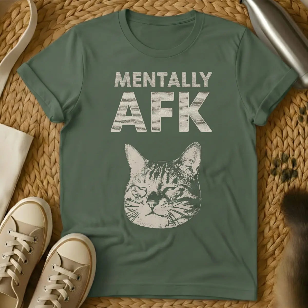 Military Green - T-shirt with distressed light beige text 'MENTALLY AFK' above a matching light beige, sleepy cat's head illustration.