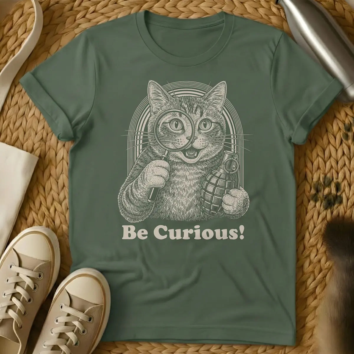Military Green - Woodcut style illustration of a mischievous tan cat holding a magnifying glass to its left eye and a pineapple hand grenade in its right paw, with an arched striped background. Below the cat, the text reads "Be Curious!".