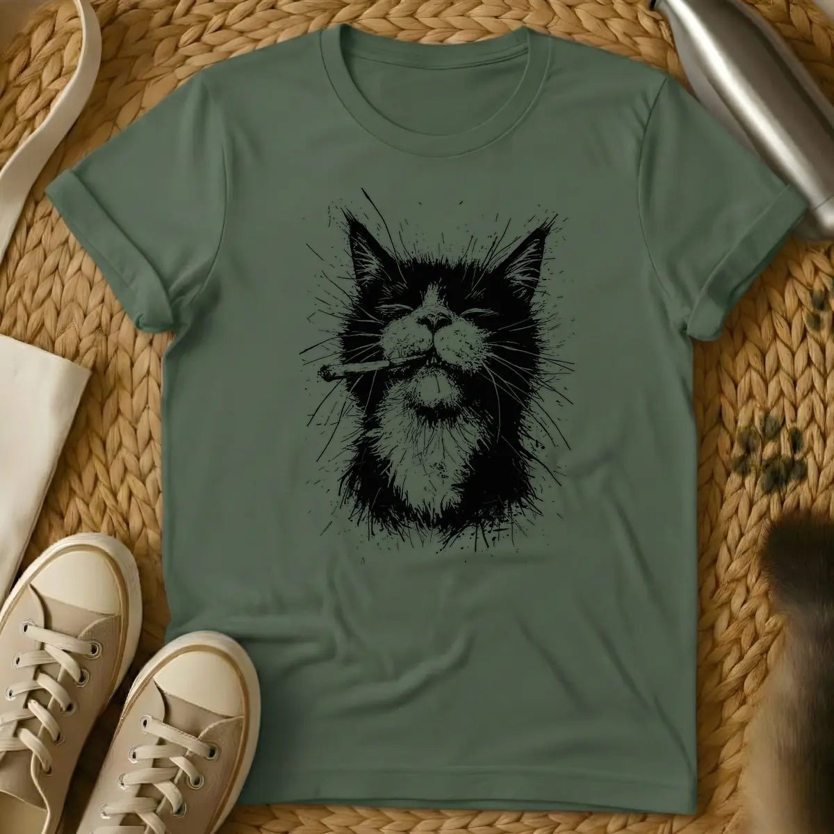 Military Green - Black and white grunge illustration of a cool cat with closed eyes, smoking a cigarette or joint.