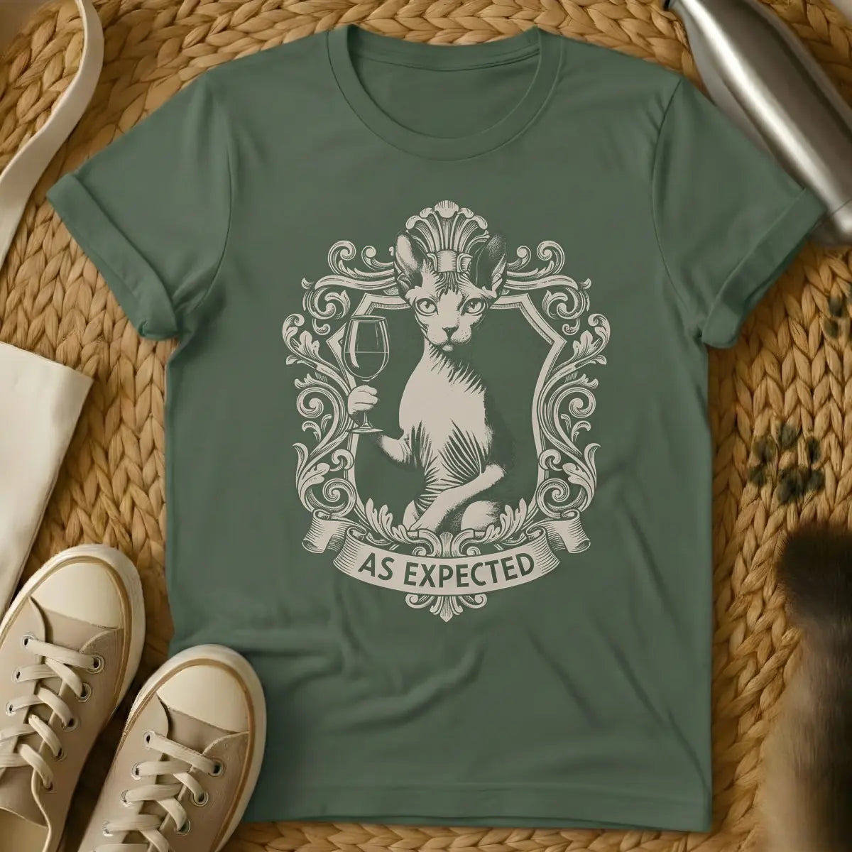 Military Green - Light beige illustration of a Sphynx cat holding a wine glass, set within an ornate vintage frame, with a banner below reading "AS EXPECTED".