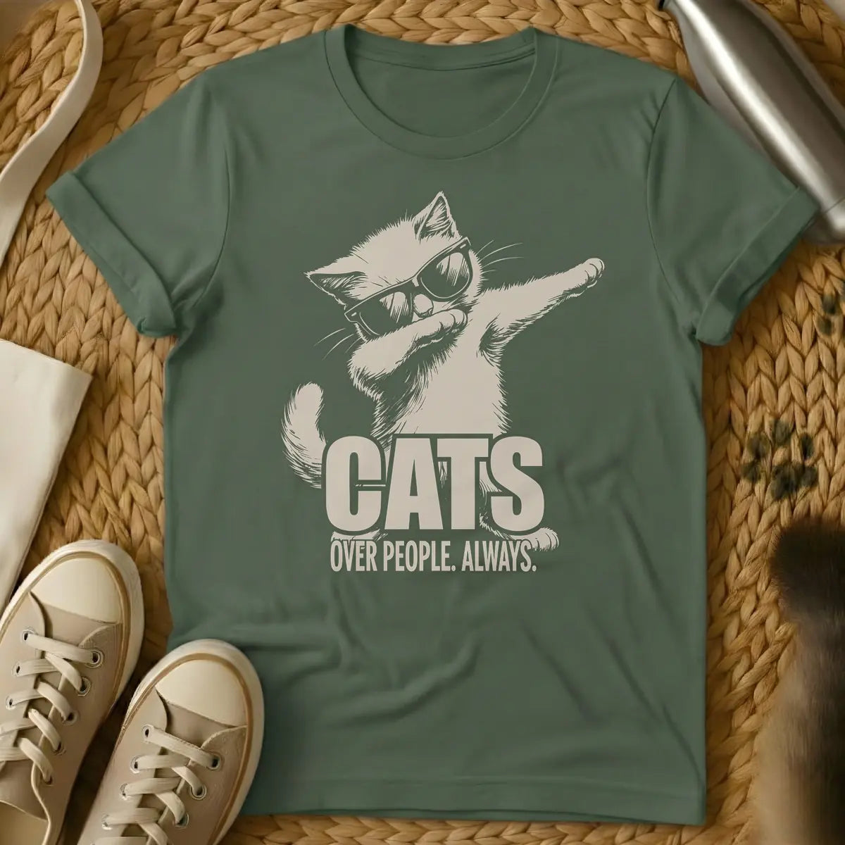 Military Green - Light beige sketchy drawing of a cat wearing sunglasses and dabbing, with the text "CATS OVER PEOPLE. ALWAYS." below it.